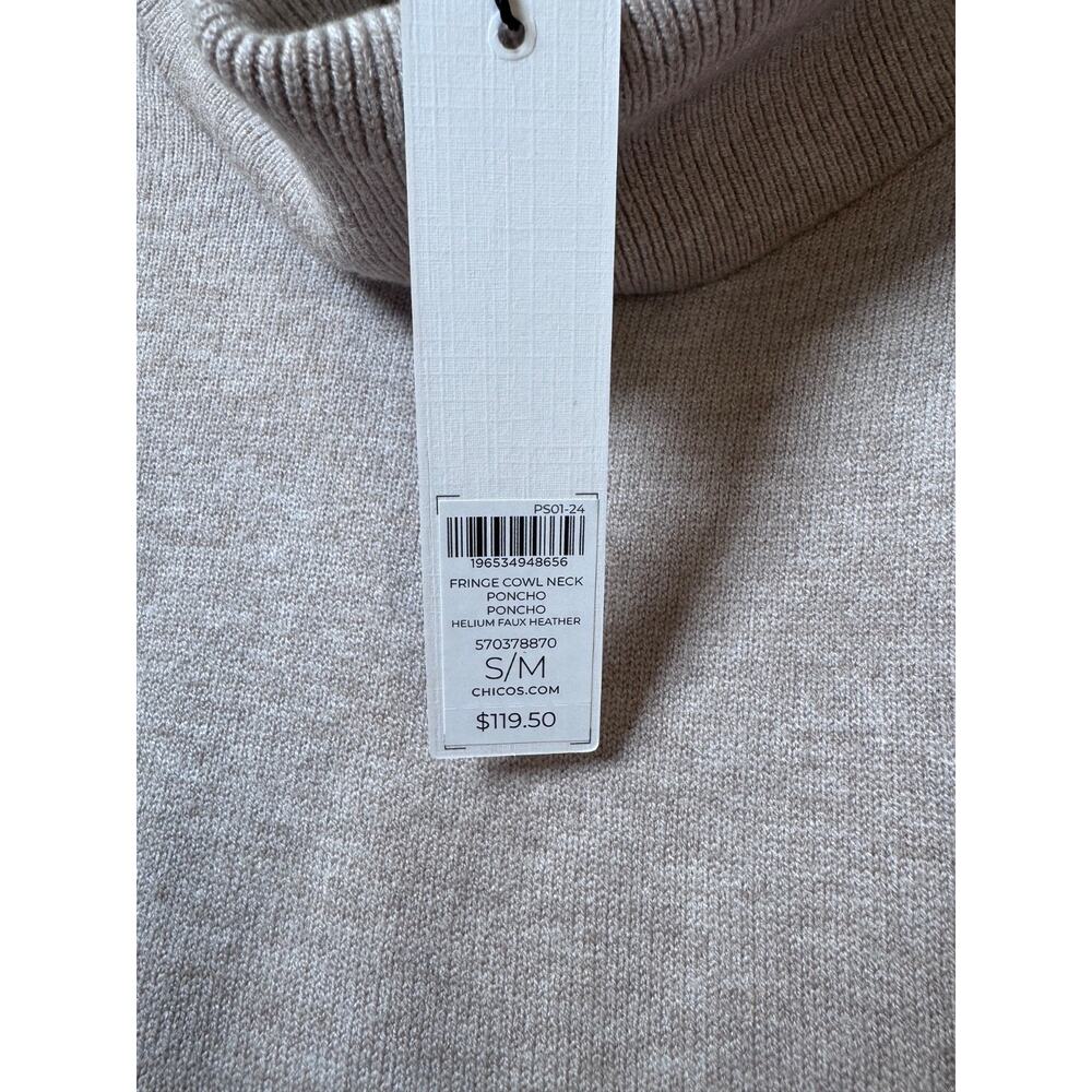 Chico’s Fringe Cowl Neck Poncho Sweater NWT S/M Neutral Taupe Soft Knit - Picture 7 of 11